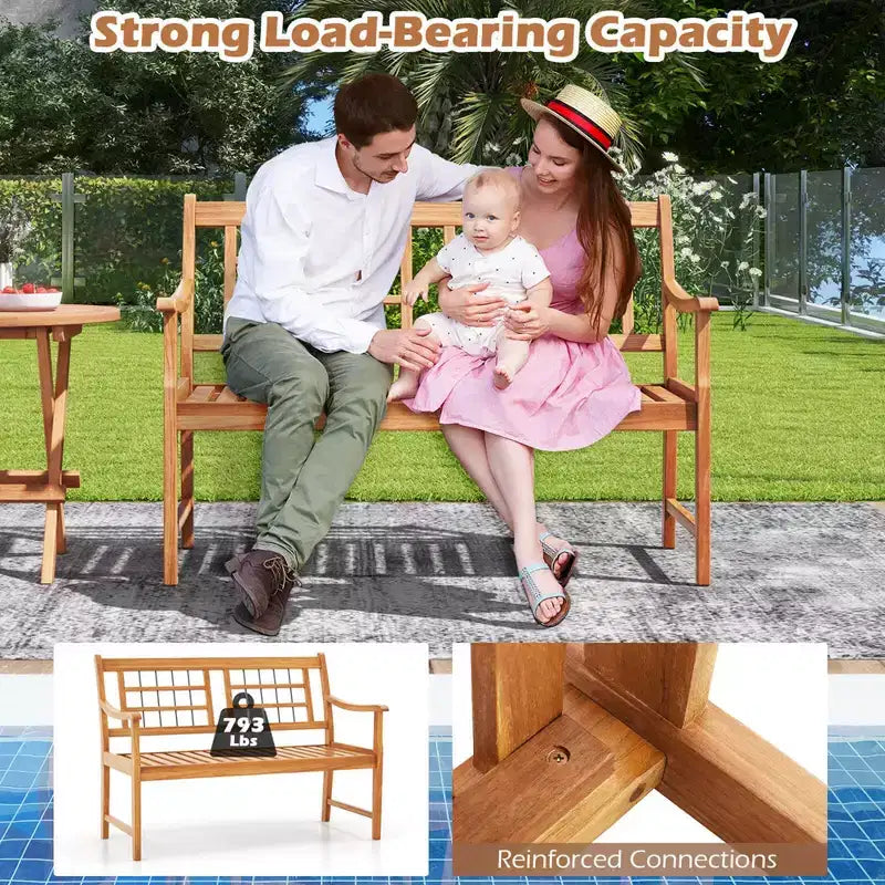 Costway Outdoor Acacia Wood Bench 2-Person Patio Bench with Slatted Seat & Backrest