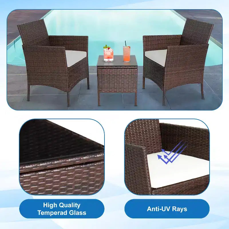 FDW 3-Piece Outdoor Wicker Conversation Bistro Set Rattan Wicker Patio Furniture Set with Cushions and Tempered Glass Table