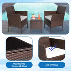 FDW 3-Piece Outdoor Wicker Conversation Bistro Set Rattan Wicker Patio Furniture Set with Cushions and Tempered Glass Table