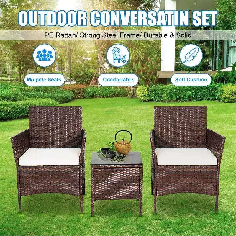 FDW 3-Piece Outdoor Wicker Conversation Bistro Set Rattan Wicker Patio Furniture Set with Cushions and Tempered Glass Table