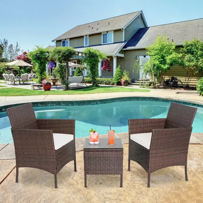 FDW 3-Piece Outdoor Wicker Conversation Bistro Set Rattan Wicker Patio Furniture Set with Cushions and Tempered Glass Table