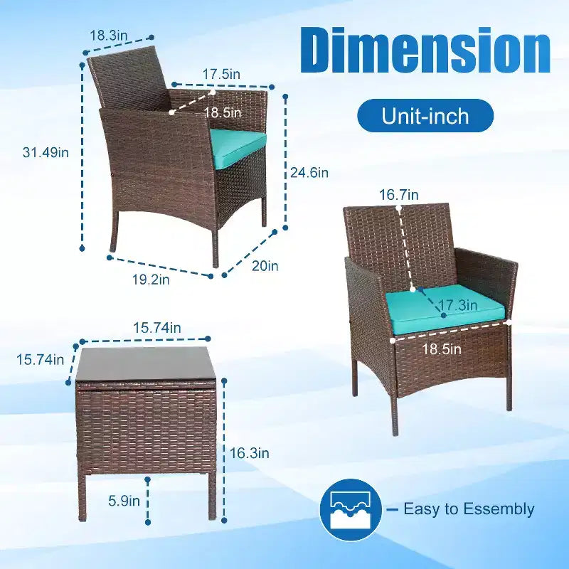 FDW 3-Piece Outdoor Wicker Conversation Bistro Set Rattan Wicker Patio Furniture Set with Cushions and Tempered Glass Table