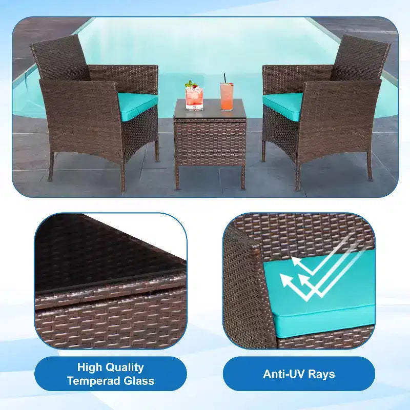 FDW 3-Piece Outdoor Wicker Conversation Bistro Set Rattan Wicker Patio Furniture Set with Cushions and Tempered Glass Table