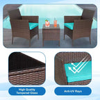FDW 3-Piece Outdoor Wicker Conversation Bistro Set Rattan Wicker Patio Furniture Set with Cushions and Tempered Glass Table