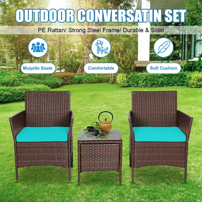 FDW 3-Piece Outdoor Wicker Conversation Bistro Set Rattan Wicker Patio Furniture Set with Cushions and Tempered Glass Table