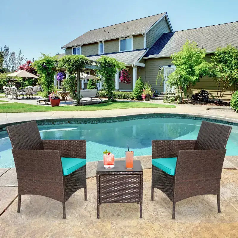 FDW 3-Piece Outdoor Wicker Conversation Bistro Set Rattan Wicker Patio Furniture Set with Cushions and Tempered Glass Table