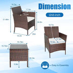 FDW 3-Piece Outdoor Wicker Conversation Bistro Set Rattan Wicker Patio Furniture Set with Cushions and Tempered Glass Table