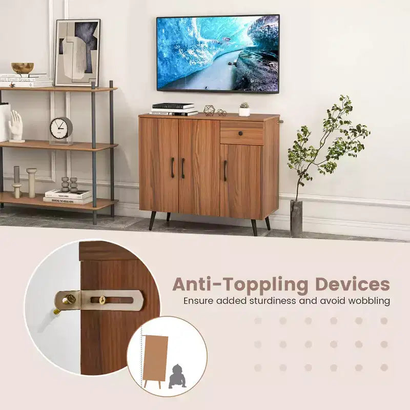 Costway Buffet Cabinet with 3 Doors & Pull-out Drawer Adjustable Shelves Anti-Tipping Kits