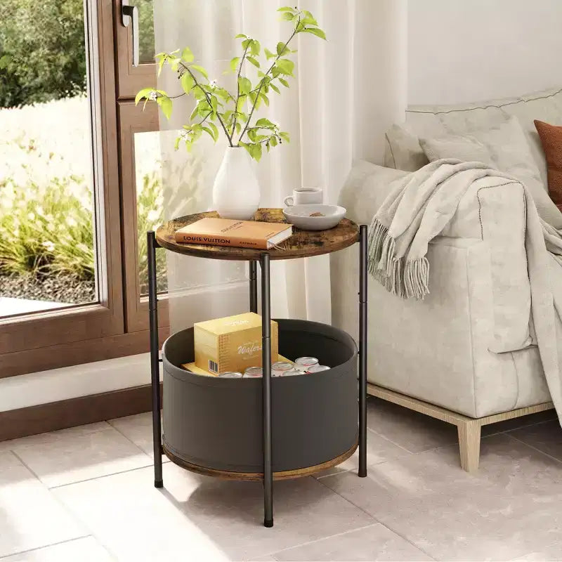 Set of 2 Round Industrial Side Tables with Fabric Storage Baskets