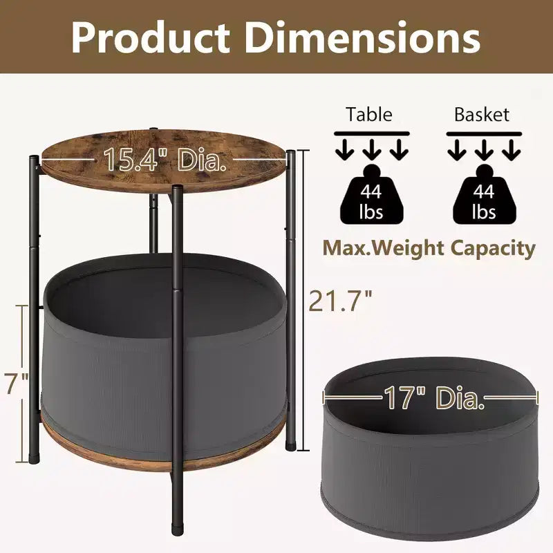 Set of 2 Round Industrial Side Tables with Fabric Storage Baskets