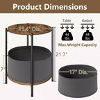Set of 2 Round Industrial Side Tables with Fabric Storage Baskets