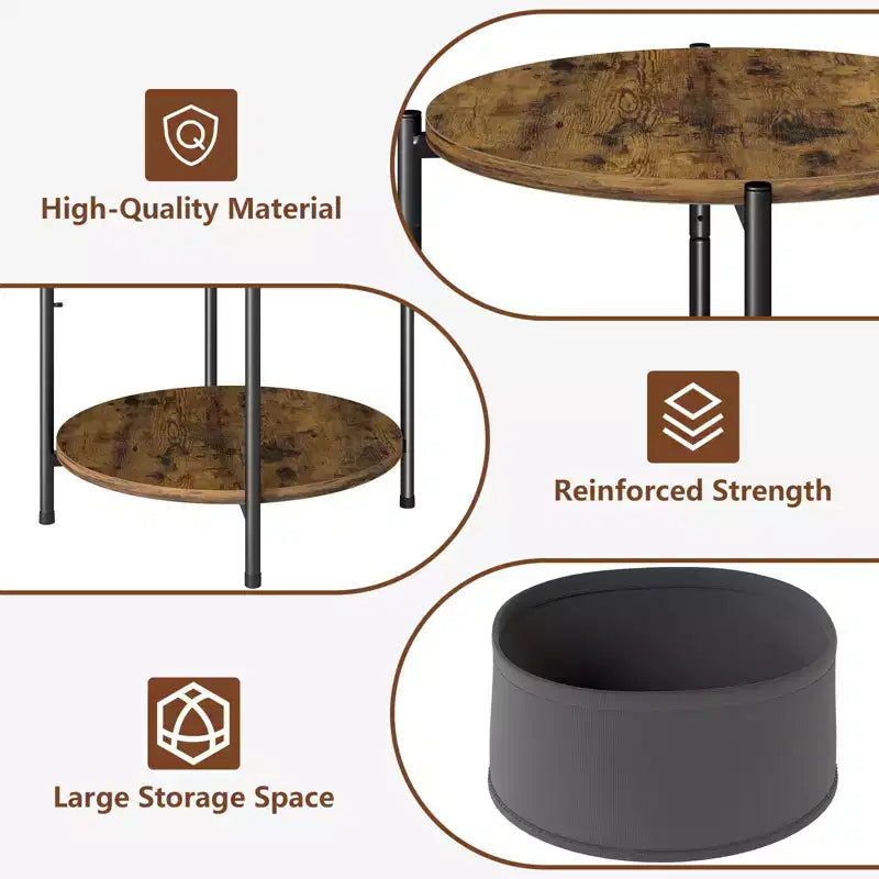 Set of 2 Round Industrial Side Tables with Fabric Storage Baskets