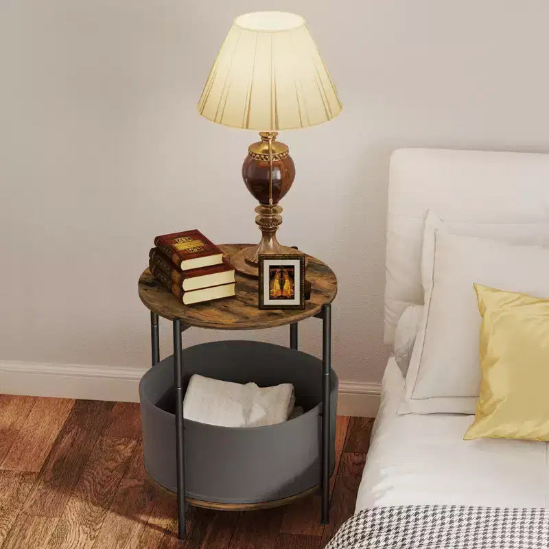 Set of 2 Round Industrial Side Tables with Fabric Storage Baskets