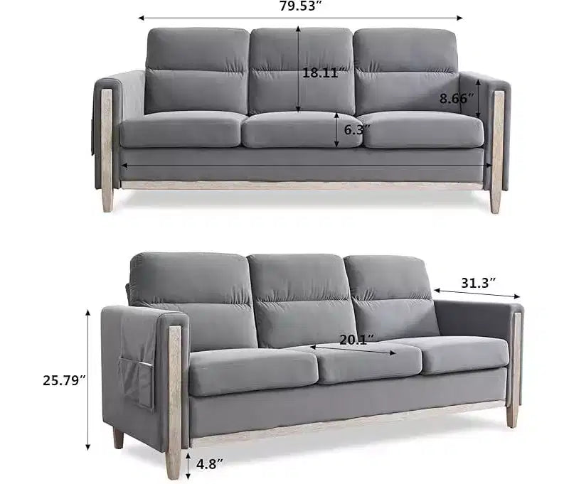 GDFStudio Addison 3-Seater 80 Sofa with Side Pockets and Rubber Wood Legs