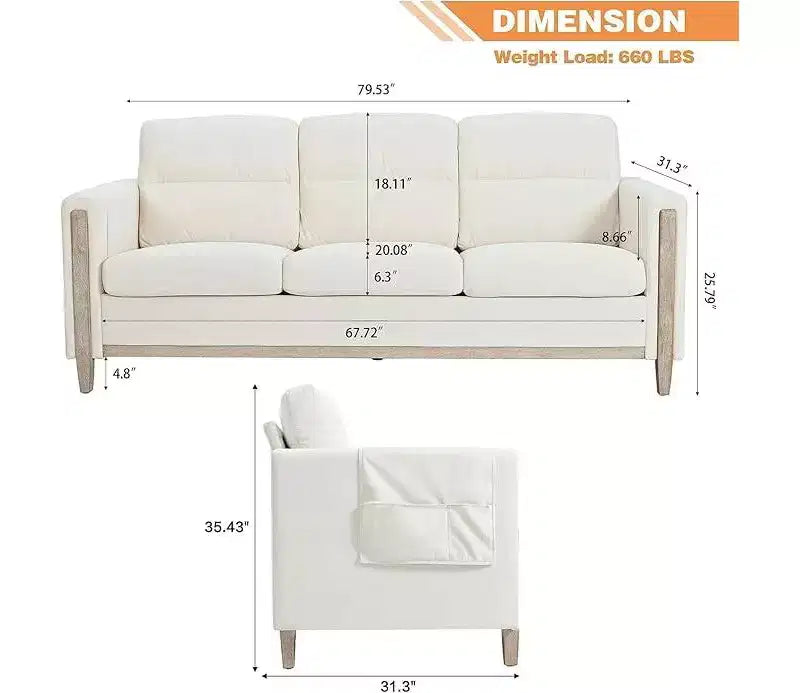GDFStudio Addison 3-Seater 80 Sofa with Side Pockets and Rubber Wood Legs