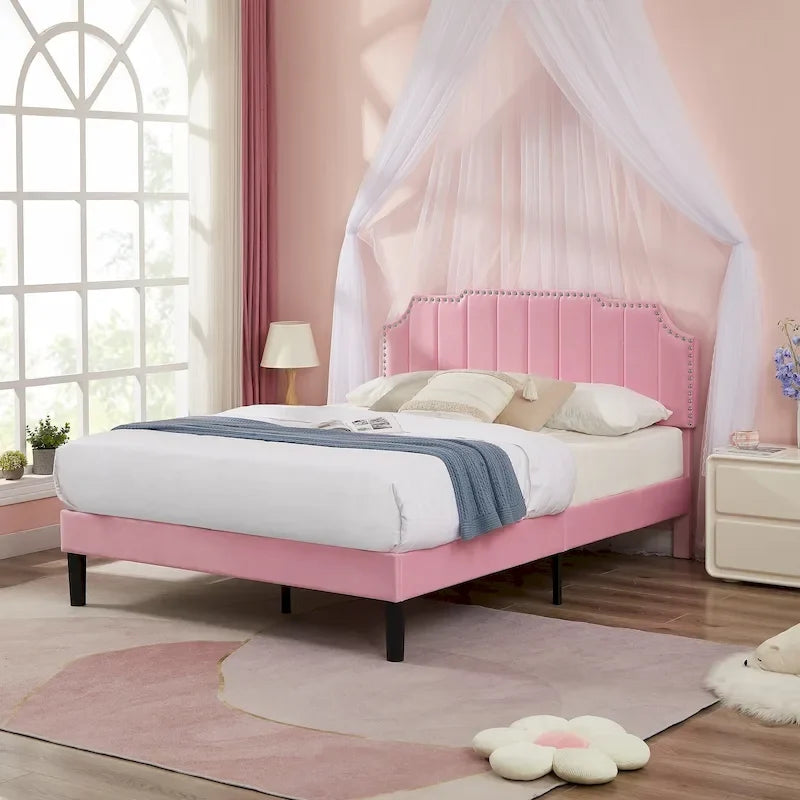 Javlergo Upholstered Platform Bed Frame with Nailhead Trimmed Adjustable Height Headboard, No Box Spring Needed