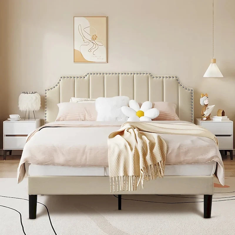 Javlergo Upholstered Platform Bed Frame with Nailhead Trimmed Adjustable Height Headboard, No Box Spring Needed