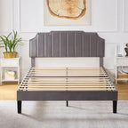 Javlergo Upholstered Platform Bed Frame with Nailhead Trimmed Adjustable Height Headboard, No Box Spring Needed