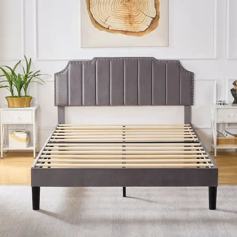 Javlergo Upholstered Platform Bed Frame with Nailhead Trimmed Adjustable Height Headboard, No Box Spring Needed