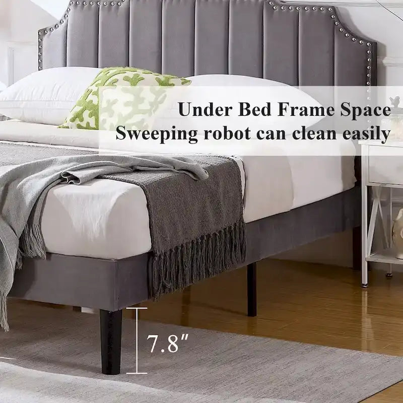 Javlergo Upholstered Platform Bed Frame with Nailhead Trimmed Adjustable Height Headboard, No Box Spring Needed
