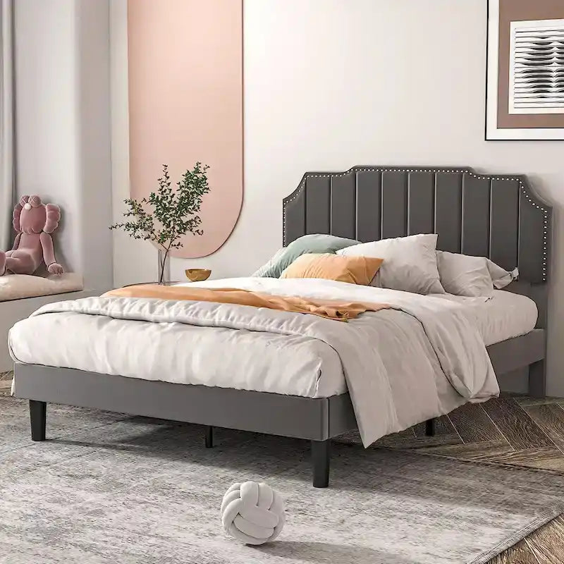 Javlergo Upholstered Platform Bed Frame with Nailhead Trimmed Adjustable Height Headboard, No Box Spring Needed