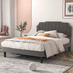 Javlergo Upholstered Platform Bed Frame with Nailhead Trimmed Adjustable Height Headboard, No Box Spring Needed