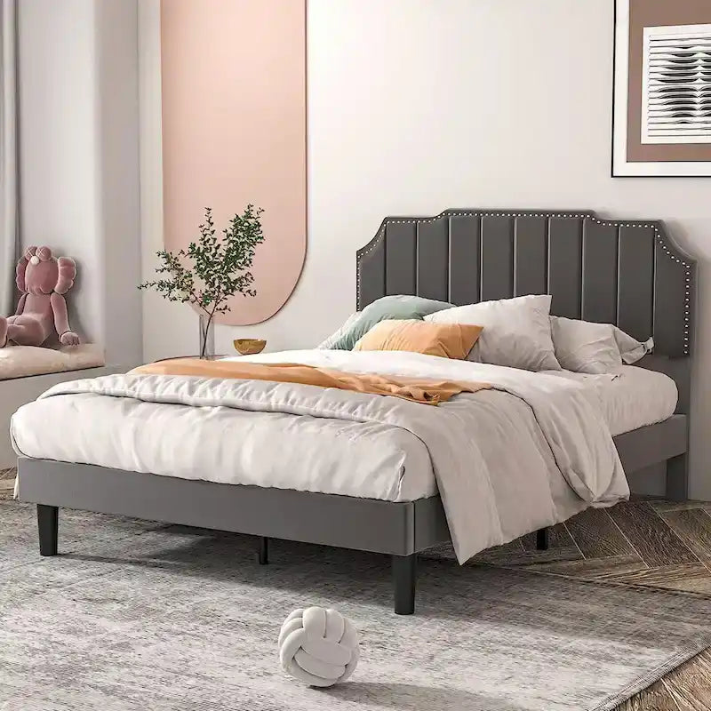 Javlergo Upholstered Platform Bed Frame with Nailhead Trimmed Adjustable Height Headboard, No Box Spring Needed