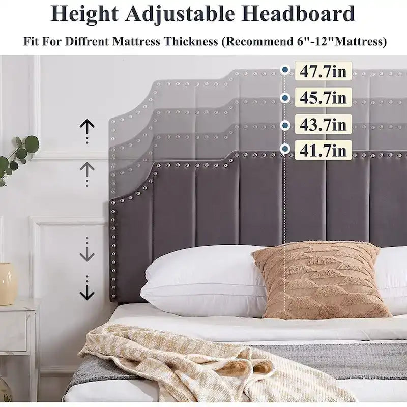 Javlergo Upholstered Platform Bed Frame with Nailhead Trimmed Adjustable Height Headboard, No Box Spring Needed