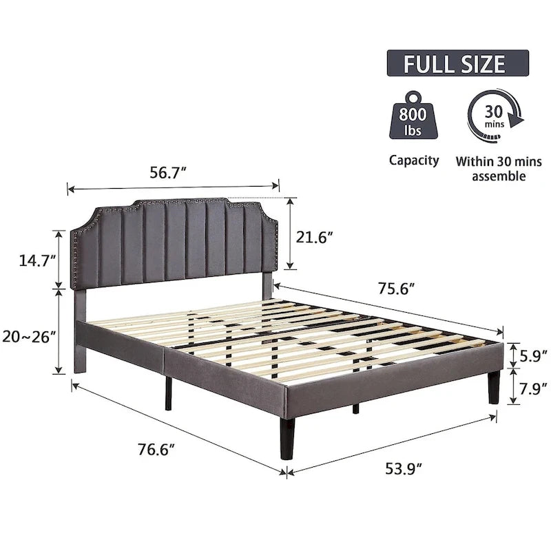 Javlergo Upholstered Platform Bed Frame with Nailhead Trimmed Adjustable Height Headboard, No Box Spring Needed