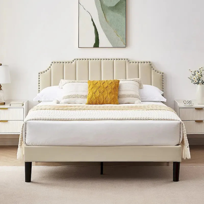 Javlergo Upholstered Platform Bed Frame with Nailhead Trimmed Adjustable Height Headboard, No Box Spring Needed