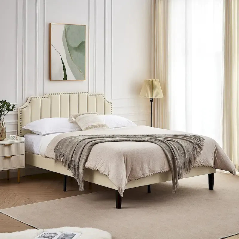 Javlergo Upholstered Platform Bed Frame with Nailhead Trimmed Adjustable Height Headboard, No Box Spring Needed