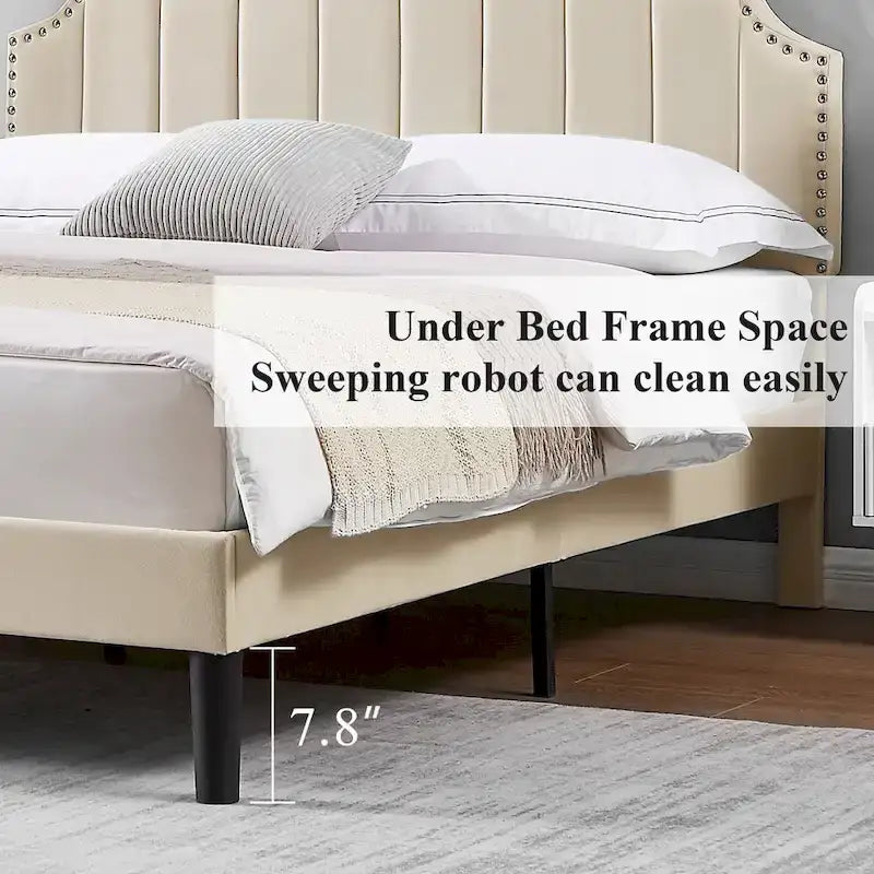 Javlergo Upholstered Platform Bed Frame with Nailhead Trimmed Adjustable Height Headboard, No Box Spring Needed