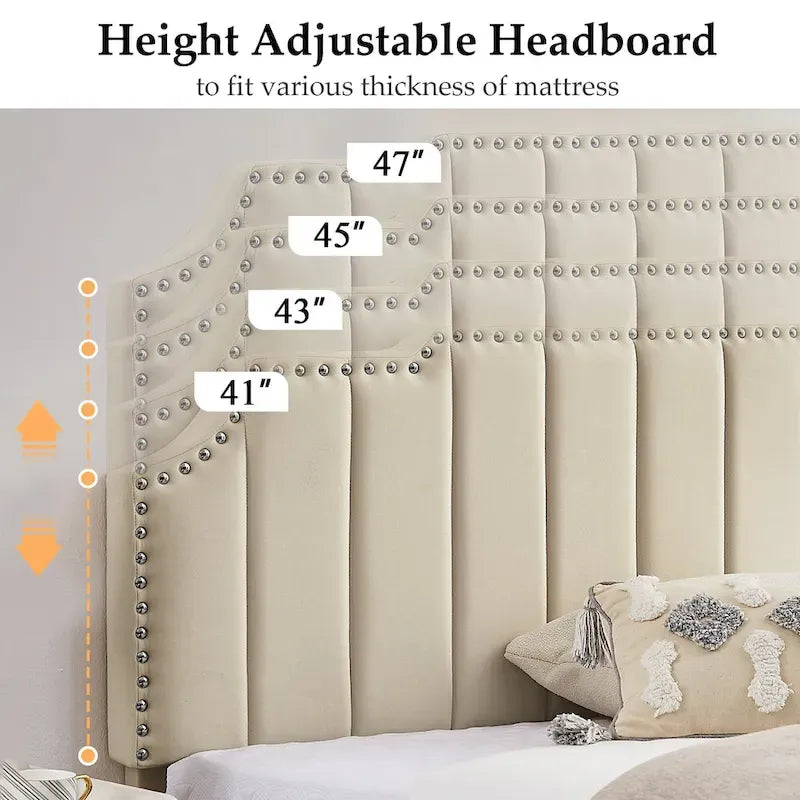 Javlergo Upholstered Platform Bed Frame with Nailhead Trimmed Adjustable Height Headboard, No Box Spring Needed