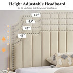 Javlergo Upholstered Platform Bed Frame with Nailhead Trimmed Adjustable Height Headboard, No Box Spring Needed