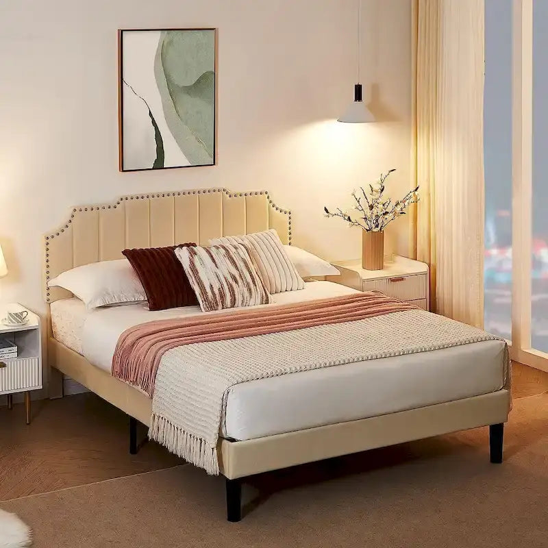 Javlergo Upholstered Platform Bed Frame with Nailhead Trimmed Adjustable Height Headboard, No Box Spring Needed