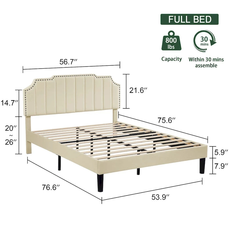 Javlergo Upholstered Platform Bed Frame with Nailhead Trimmed Adjustable Height Headboard, No Box Spring Needed