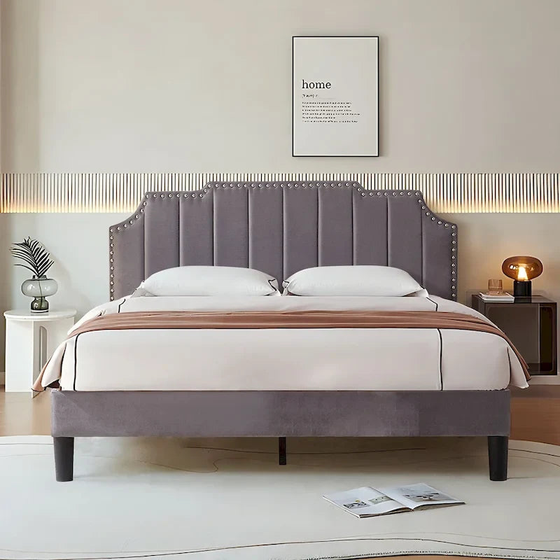 Javlergo Upholstered Platform Bed Frame with Nailhead Trimmed Adjustable Height Headboard, No Box Spring Needed