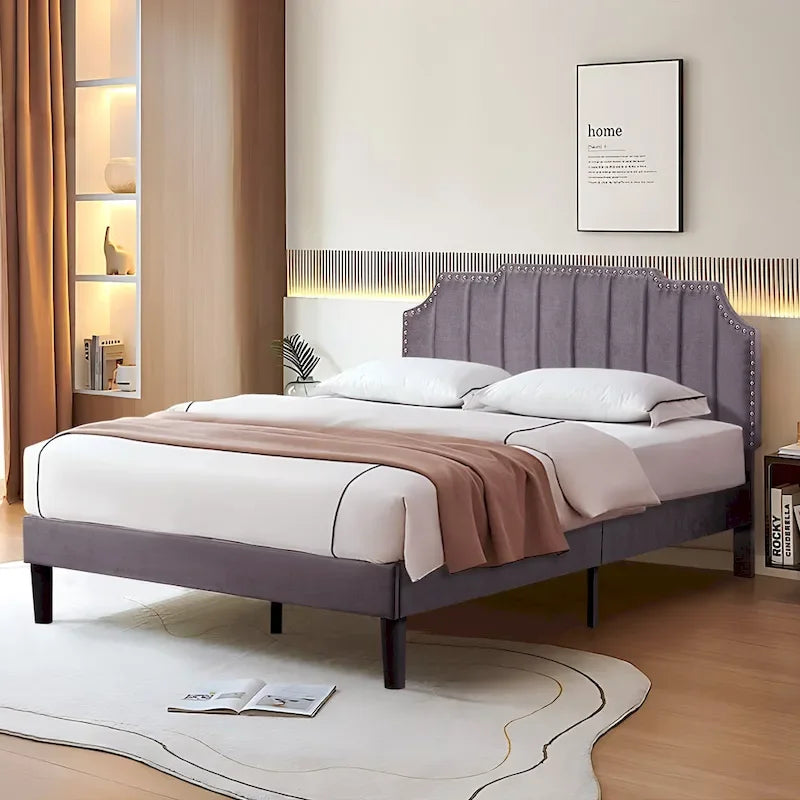 Javlergo Upholstered Platform Bed Frame with Nailhead Trimmed Adjustable Height Headboard, No Box Spring Needed