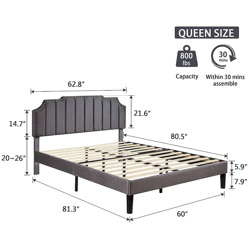 Javlergo Upholstered Platform Bed Frame with Nailhead Trimmed Adjustable Height Headboard, No Box Spring Needed