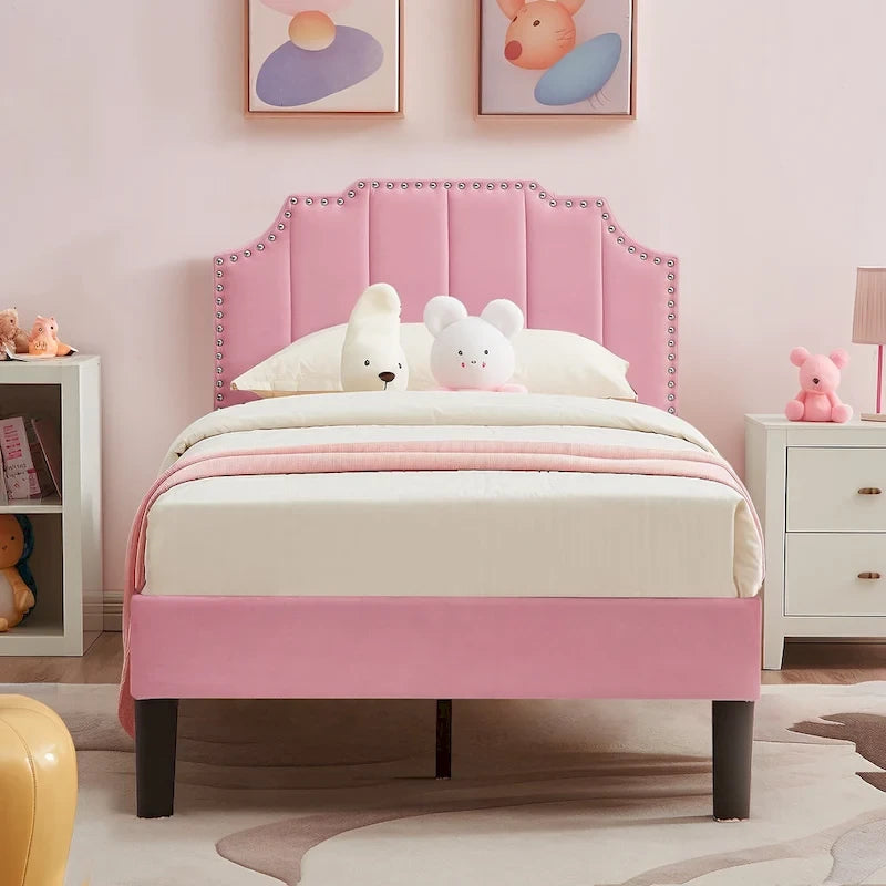 Javlergo Upholstered Platform Bed Frame with Nailhead Trimmed Adjustable Height Headboard, No Box Spring Needed