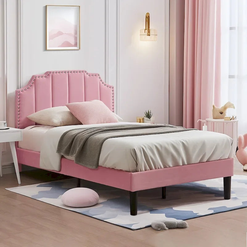 Javlergo Upholstered Platform Bed Frame with Nailhead Trimmed Adjustable Height Headboard, No Box Spring Needed