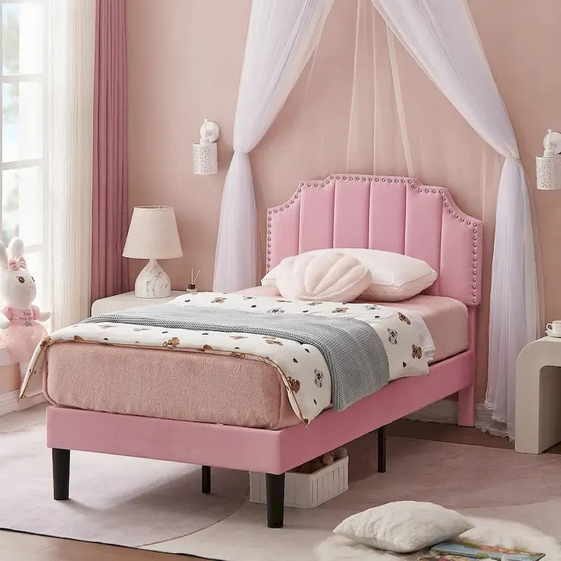 Javlergo Upholstered Platform Bed Frame with Nailhead Trimmed Adjustable Height Headboard, No Box Spring Needed