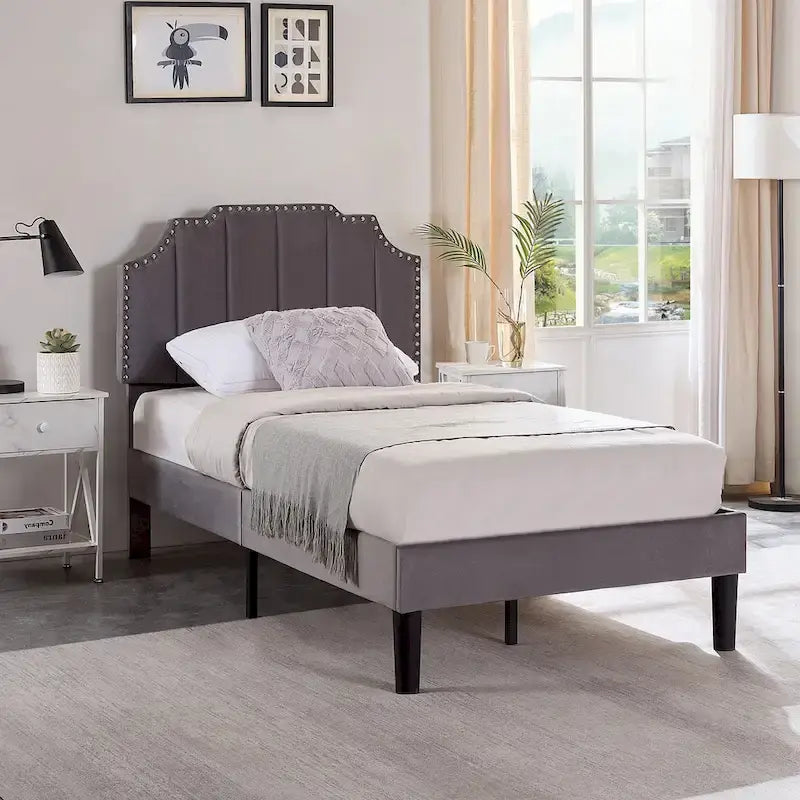 Javlergo Upholstered Platform Bed Frame with Nailhead Trimmed Adjustable Height Headboard, No Box Spring Needed