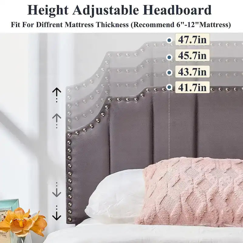 Javlergo Upholstered Platform Bed Frame with Nailhead Trimmed Adjustable Height Headboard, No Box Spring Needed