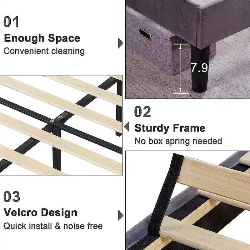 Javlergo Upholstered Platform Bed Frame with Nailhead Trimmed Adjustable Height Headboard, No Box Spring Needed