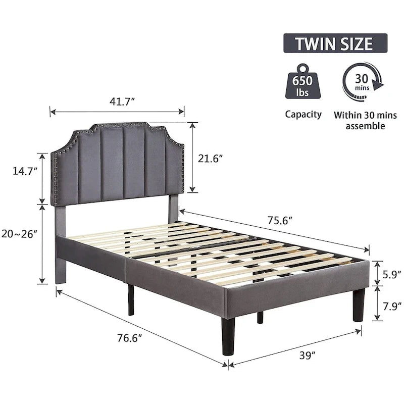 Javlergo Upholstered Platform Bed Frame with Nailhead Trimmed Adjustable Height Headboard, No Box Spring Needed