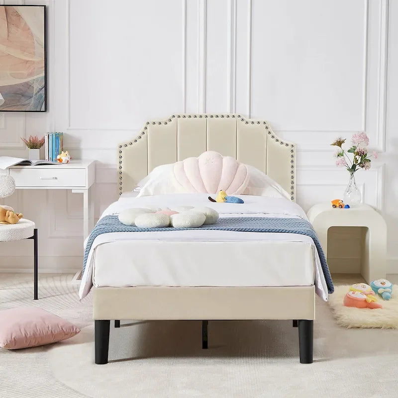Javlergo Upholstered Platform Bed Frame with Nailhead Trimmed Adjustable Height Headboard, No Box Spring Needed
