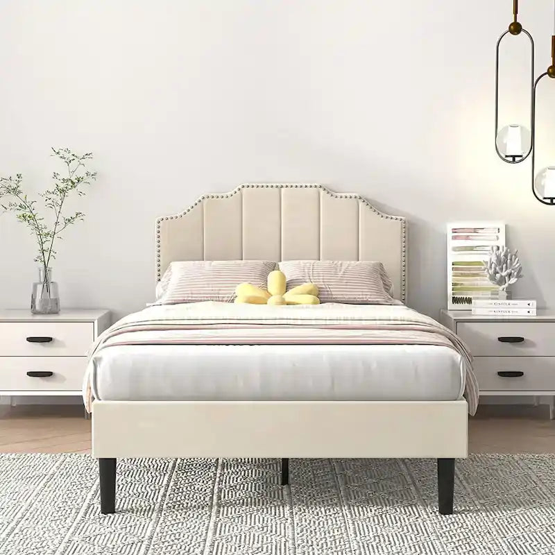 Javlergo Upholstered Platform Bed Frame with Nailhead Trimmed Adjustable Height Headboard, No Box Spring Needed