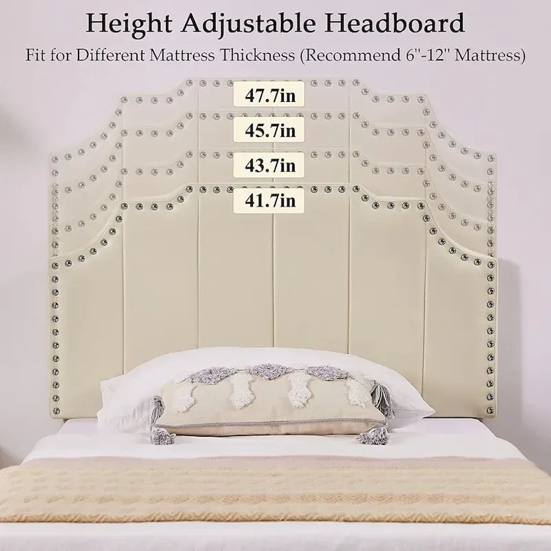 Javlergo Upholstered Platform Bed Frame with Nailhead Trimmed Adjustable Height Headboard, No Box Spring Needed