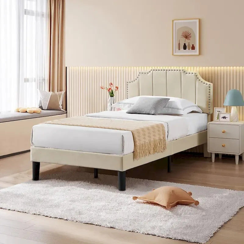 Javlergo Upholstered Platform Bed Frame with Nailhead Trimmed Adjustable Height Headboard, No Box Spring Needed